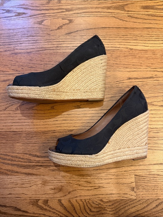 Coach Shoes - Coach Black Canvas Espadrille Peep-Toe Wedge Heels
